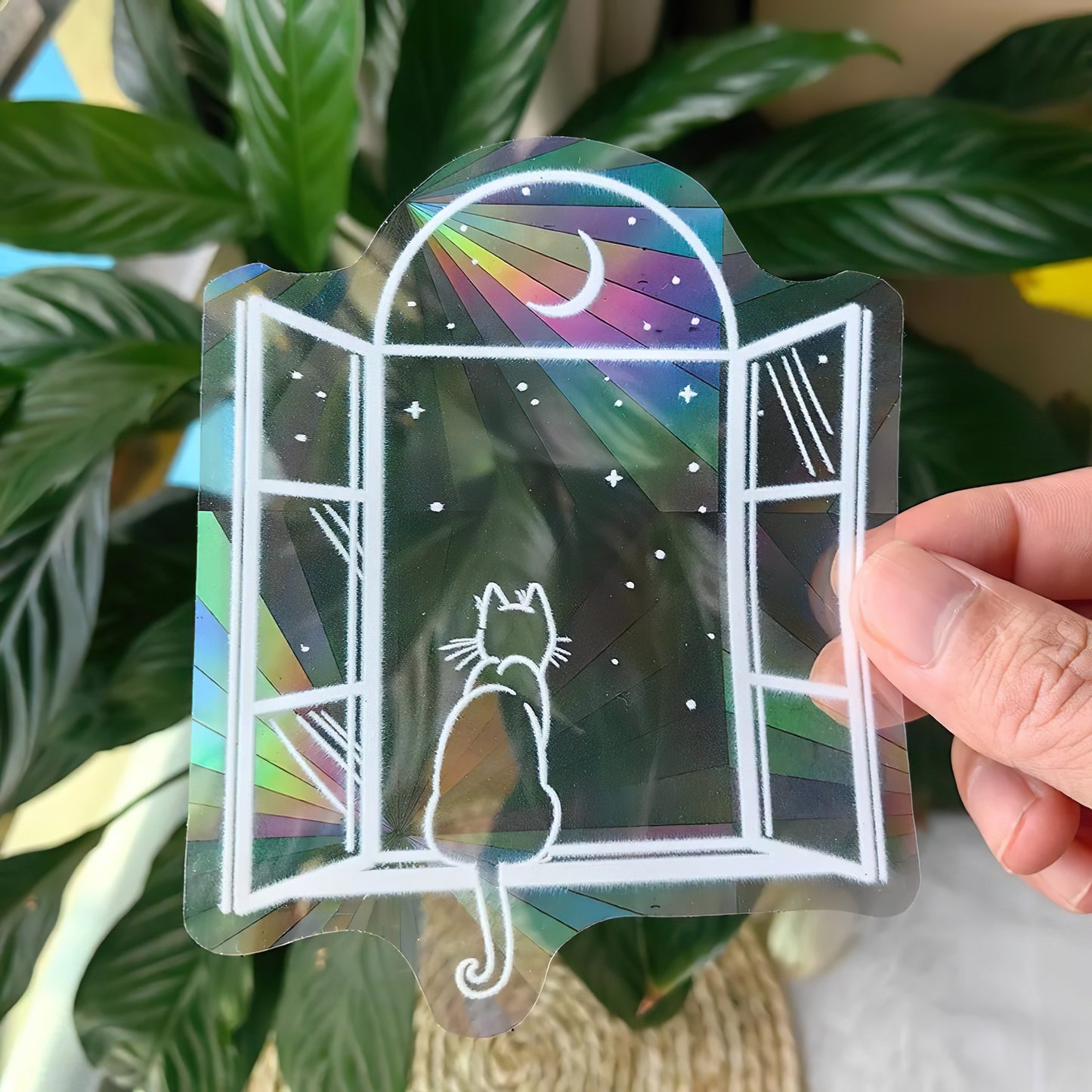 Moon Staring Cat Suncatcher Sticker